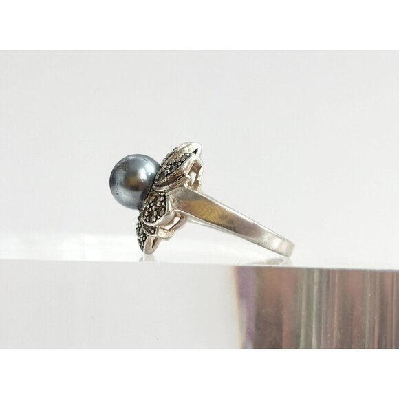 Art Deco Floral Marcasite Multi Gemstone Faux Tahitian Pearl Vintage Ring - sz 7 - Picture 7 of 10